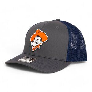 OSU Cowboys Pistol Pete Snapback Trucker Hat- Charcoal/ Navy